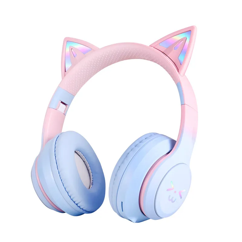 MZ-618 Wireless Bluetooth Headphones – Over-Ear Cat Ear Gaming Headset with Gradient LED Lights, 40mm Drivers, Built-in Mic for PC/Phone